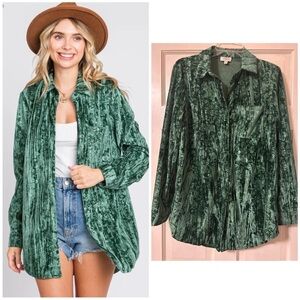 Umgee Green Embossed Floral Velvet Button Down Fairy Herbalist Blouse